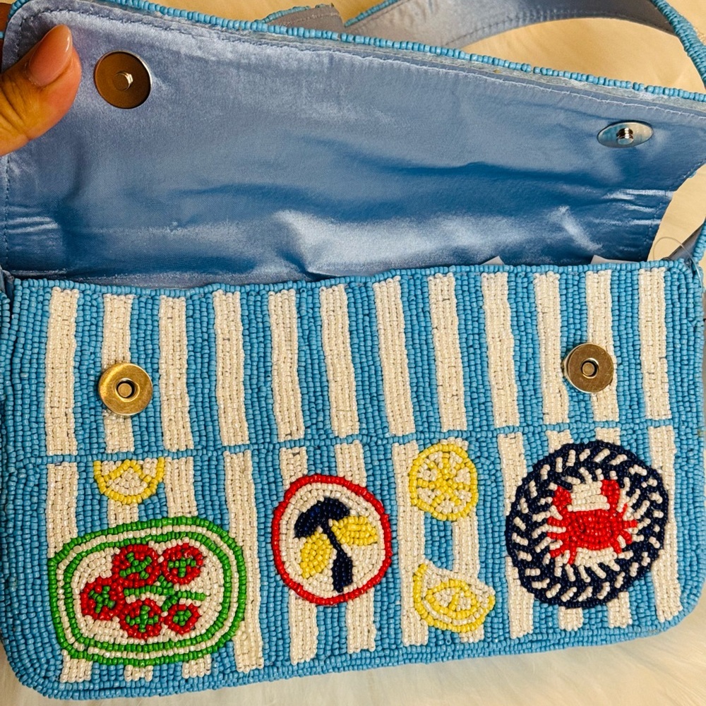 Blue Striped Beaded Shoulder Bag